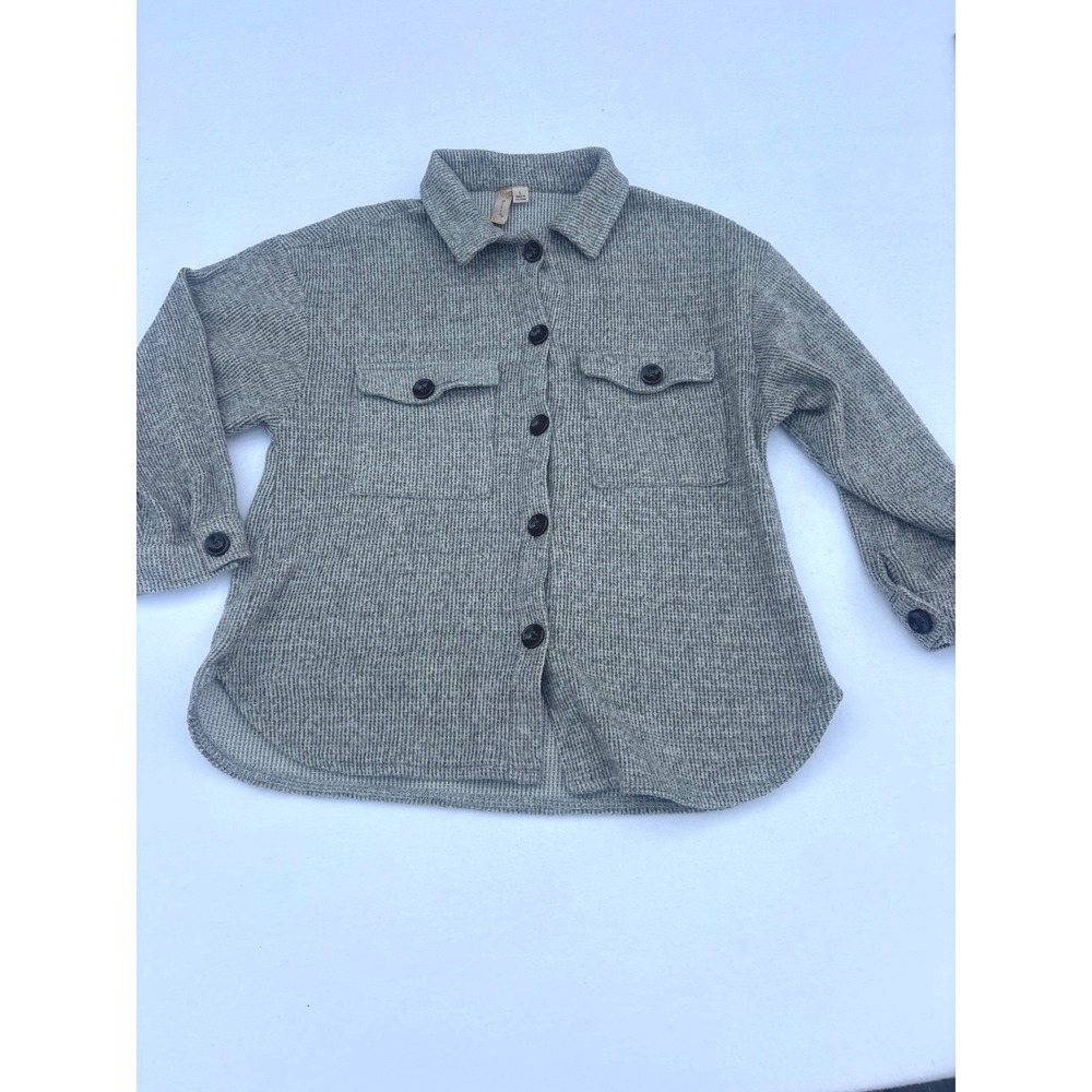 Misia Womens Large Gray Waffle Knit Button Down Shirt Long Sleeve Shacket Pocket